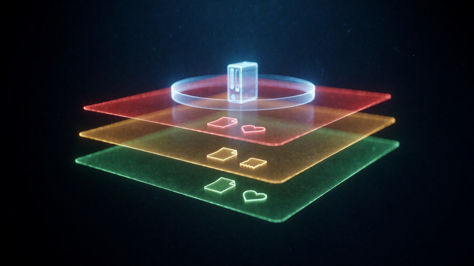 Drei übereinander schwebende Hologramm-Ebenen in Rot, Gelb und Grün mit Dokument-, Herz- und Beleg-Symbolen; über der roten Ebene ein kleiner Rechner in einem Lichtring