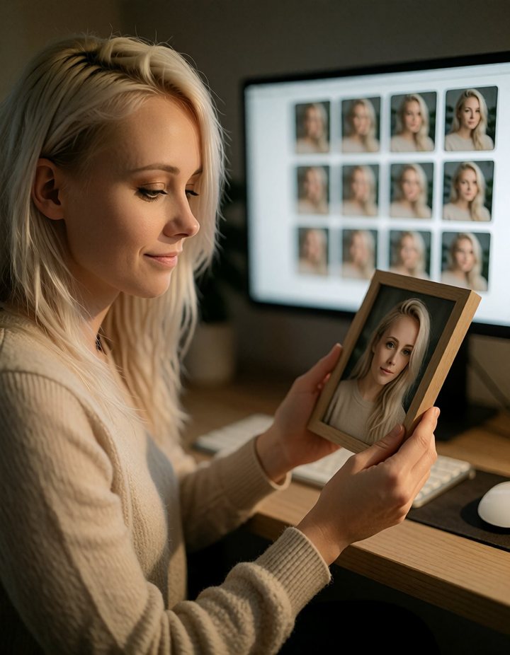 Anna am Schreibtisch hält ein kleines gerahmtes Porträt von sich, hinter ihr ein Monitor voller Blog-Vorschaubilder mit ihrem Foto