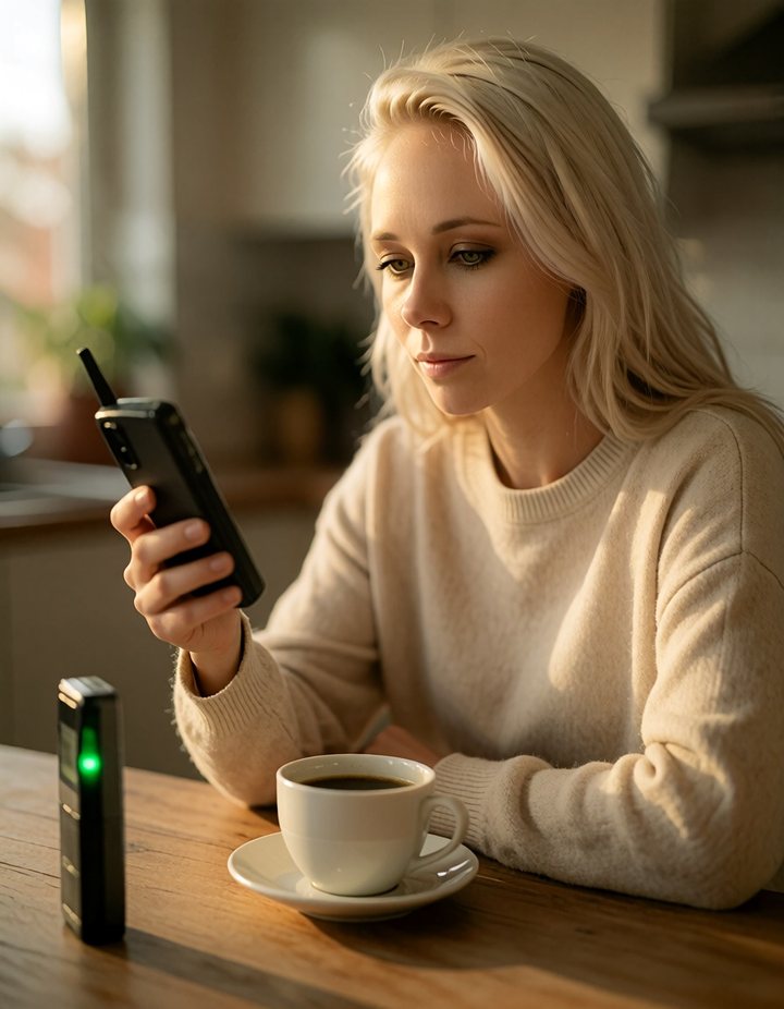 Anna am sonnigen Küchentisch mit Kaffee schaut nachdenklich auf ein altes Handy, daneben ein Gerät mit grün leuchtender Lampe