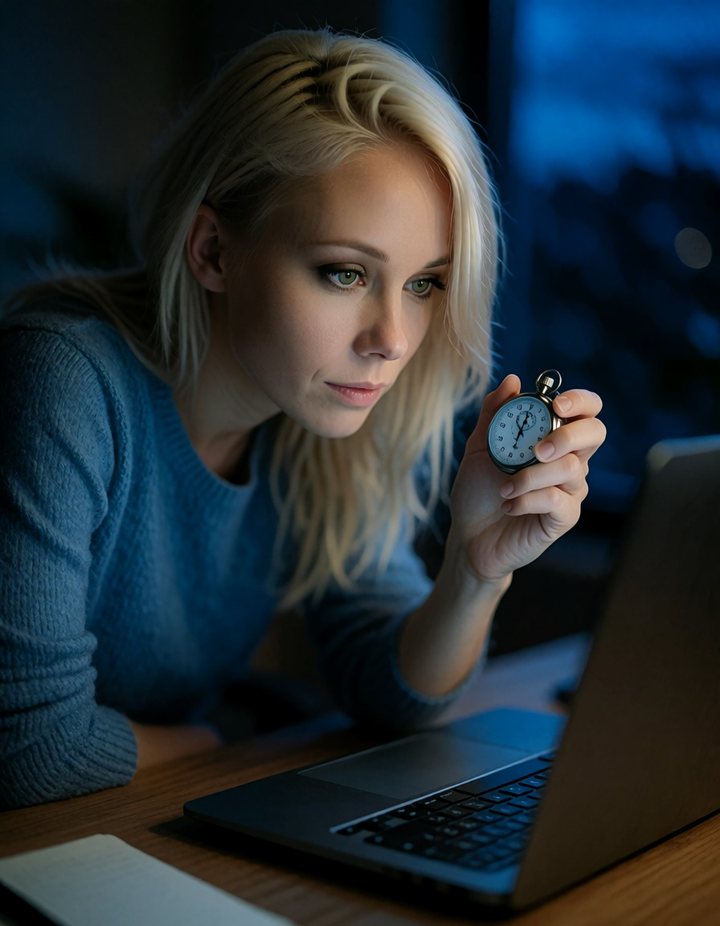 Anna nachts im blauen Licht eines Laptops, eine Stoppuhr in der Hand, beobachtet konzentriert den Bildschirm