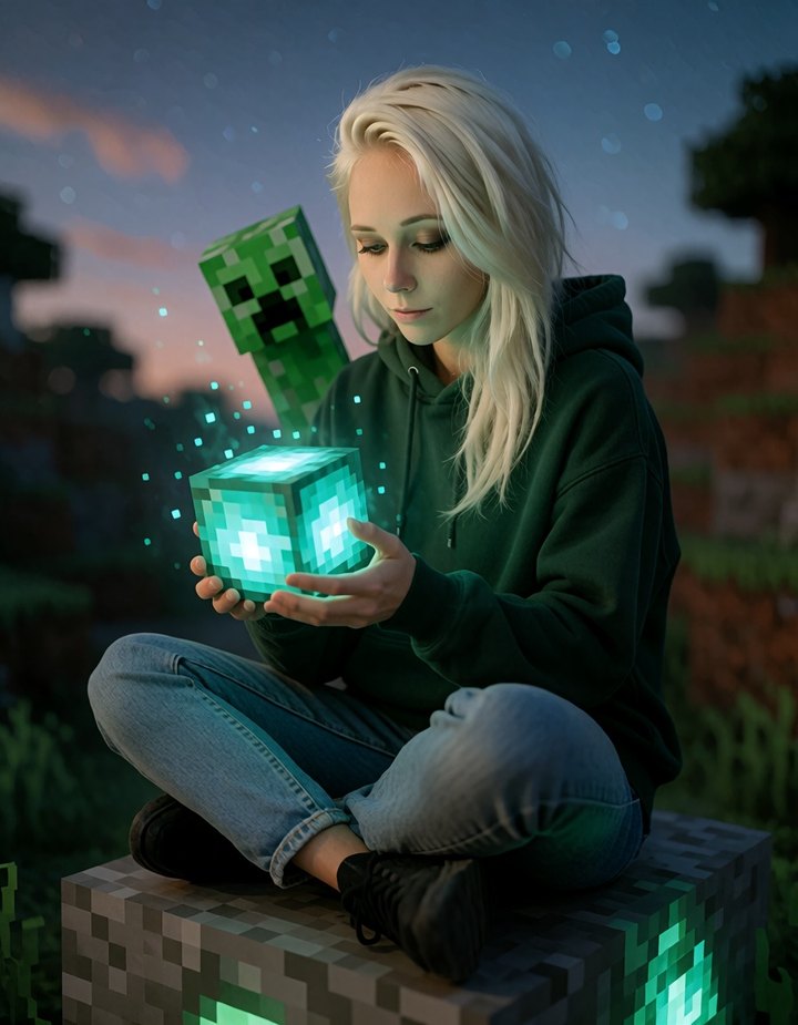 Anna sitzt im Hoodie auf einem Minecraft-Block und hält einen leuchtenden Würfel, ein Creeper schaut ihr über die Schulter
