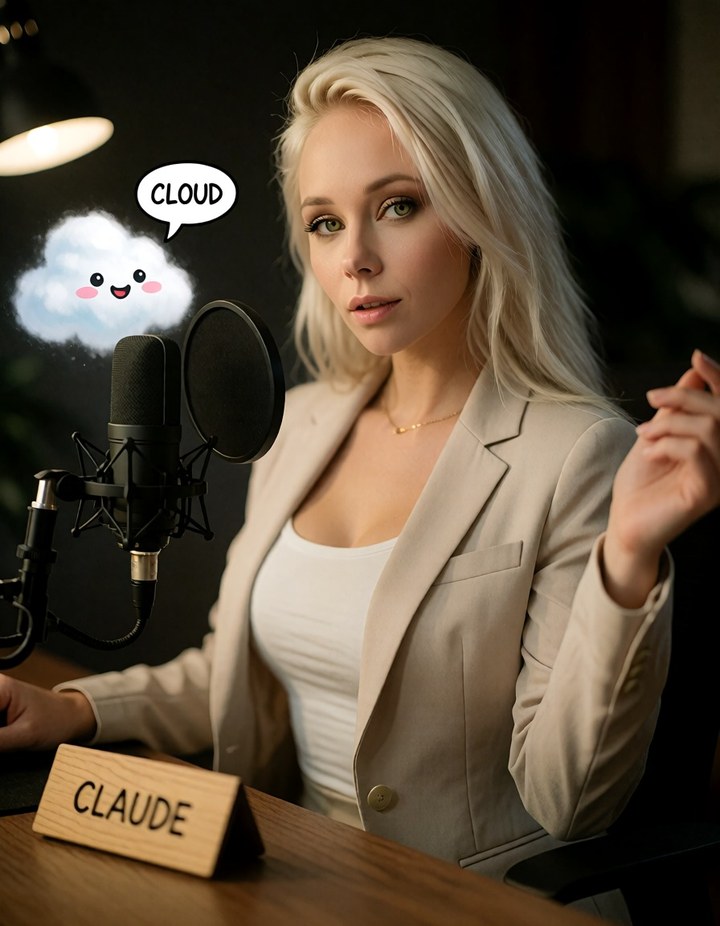 Anna im beigen Blazer vor einem Studiomikrofon, daneben eine kleine Wolke mit der Sprechblase Cloud und ein Holzschild mit der Aufschrift Claude