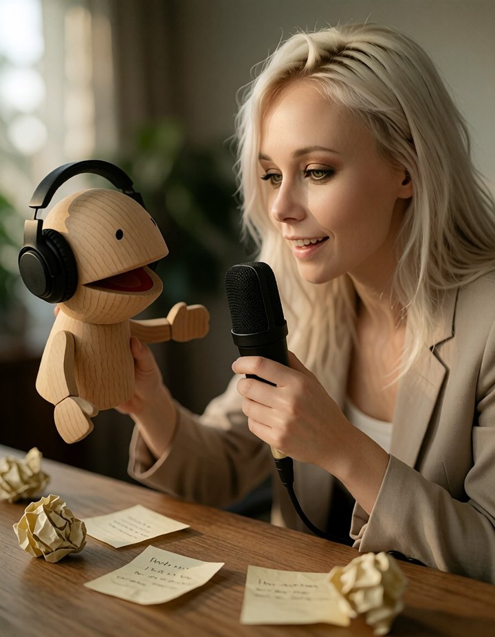 Anna im beigen Blazer hält ein Studiomikrofon vor eine Holzpuppe mit Kopfhörern, auf dem Tisch zerknüllte Papierkugeln