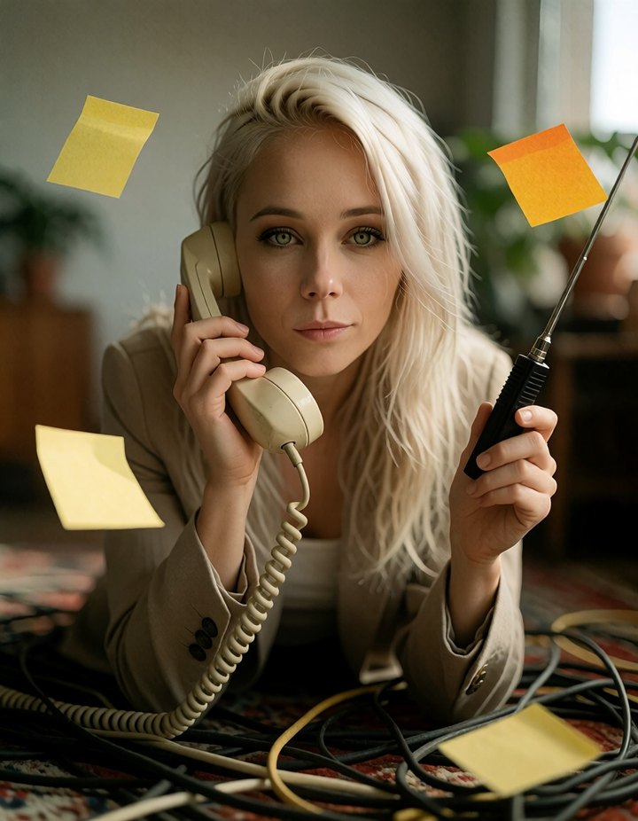 Anna zwischen Kabelsalat mit altem Telefonhörer am Ohr und einer Antenne in der Hand, um sie herum gelbe Haftnotizen