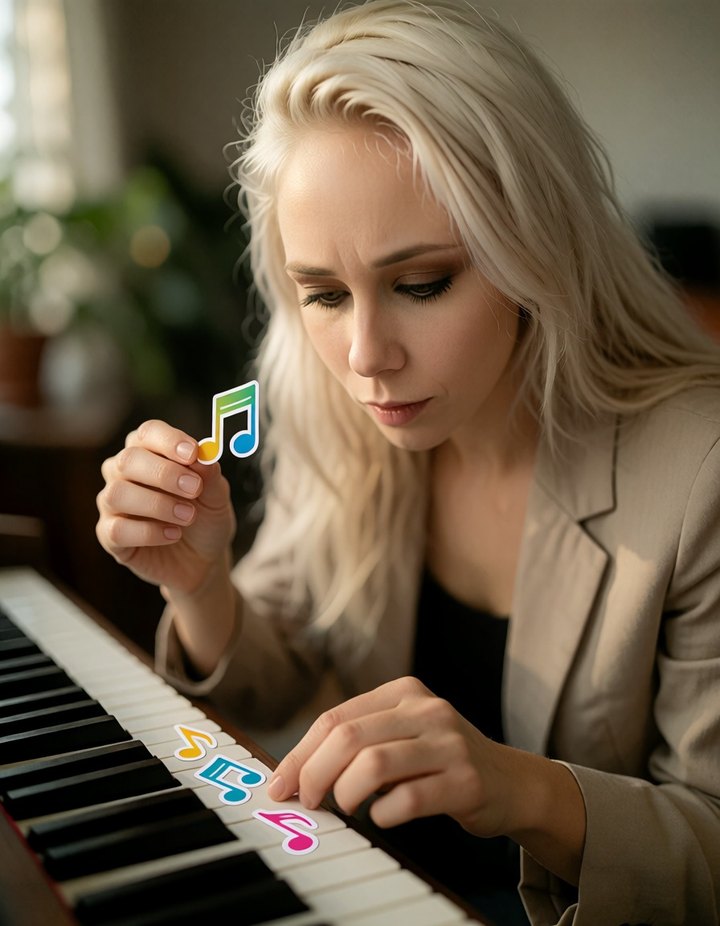 Anna klebt konzentriert bunte Notenaufkleber auf die Tasten eines Klaviers