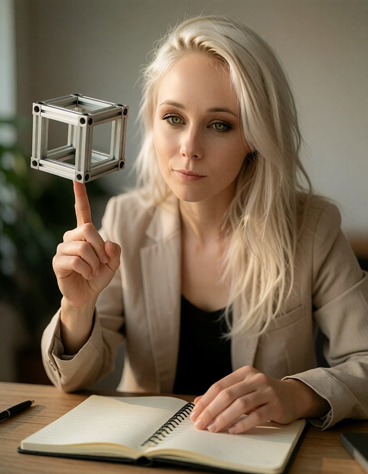 Anna balanciert einen kleinen Würfelrahmen aus Aluprofilen auf dem Zeigefinger, vor ihr ein aufgeschlagenes Laborbuch