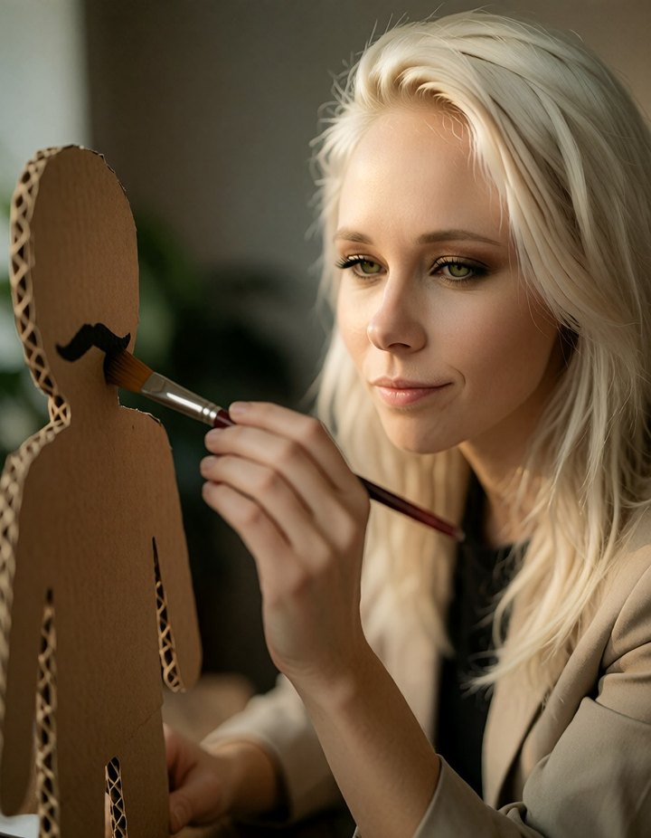Anna malt einer Pappfigur mit dem Pinsel einen Schnurrbart auf und lächelt verschmitzt