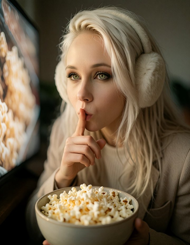 Anna mit Ohrenschützern und einer Schüssel Popcorn vor einem leuchtenden Bildschirm, den Finger auf den Lippen