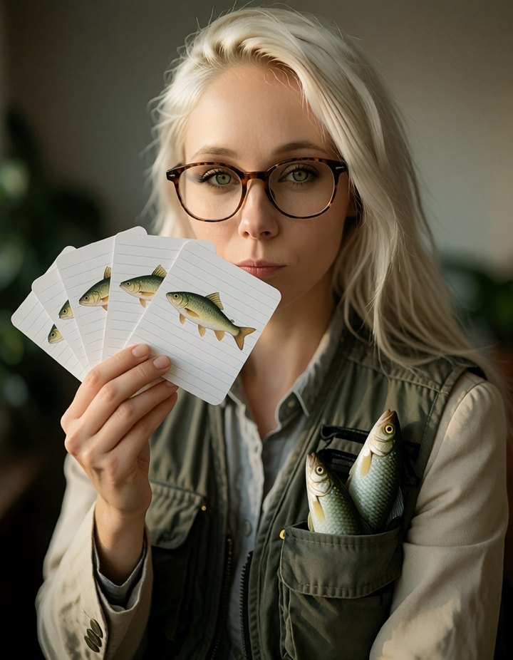 Anna in Anglerweste und Lesebrille hält einen Fächer Karteikarten mit Fischbildern, in der Brusttasche stecken Gummifische