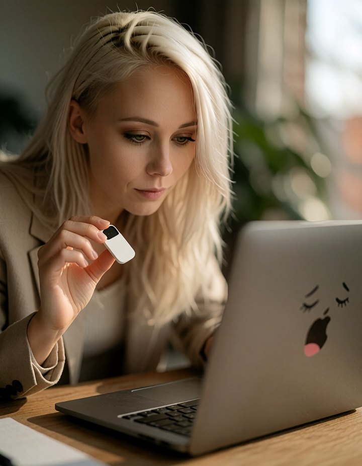 Anna weckt einen gähnenden Laptop mit Gesicht und hält einen kleinen USB-Stick in der Hand