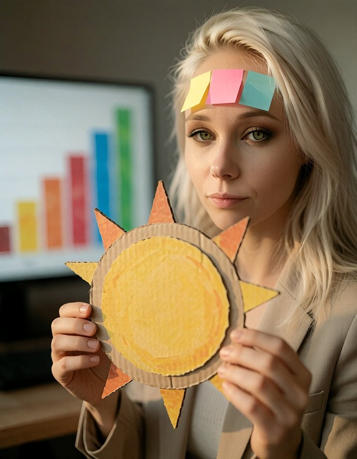 Anna hält eine Pappsonne vor einen Monitor mit wachsendem Balkendiagramm, auf ihrer Stirn kleben bunte Haftnotizen