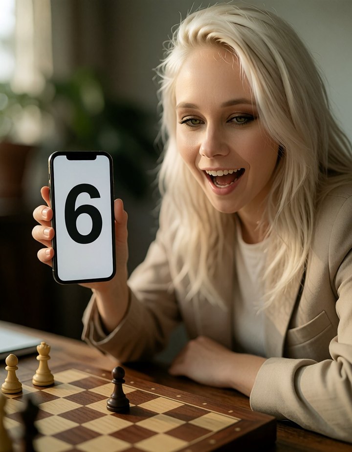 Anna hält fröhlich ein Handy mit einer großen Sechs hoch, vor ihr ein Schachbrett