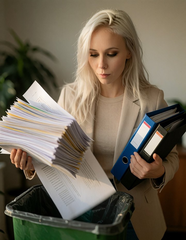Anna wirft einen großen Stapel Papierkopien in die grüne Altpapiertonne, im anderen Arm zwei Ordner