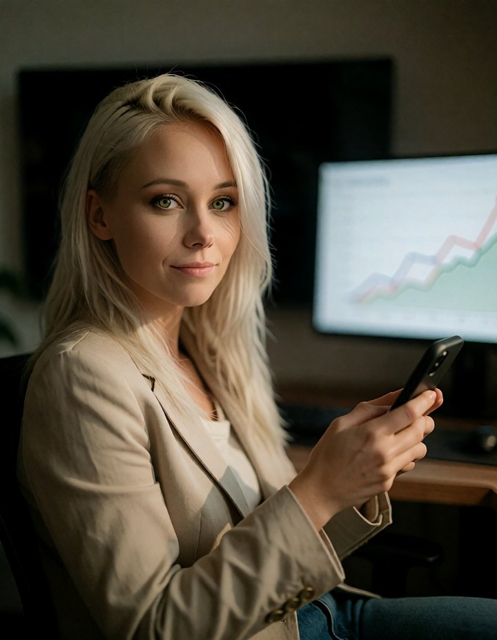 Anna am Schreibtisch mit dem Handy in der Hand, daneben ein Monitor mit einer steigenden Kurve