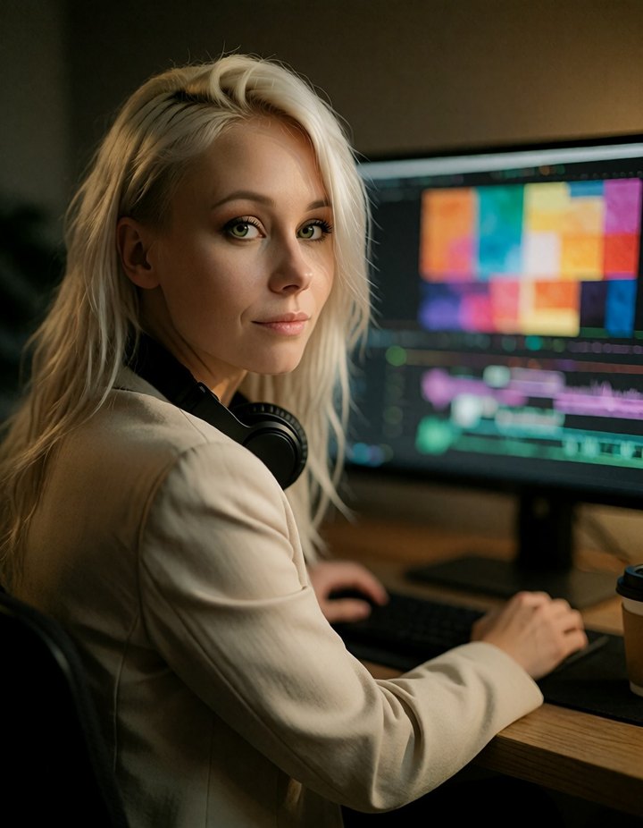 Anna am Schnittplatz, Kopfhörer um den Hals, auf dem Monitor eine bunte Videospur, sie schaut lächelnd über die Schulter